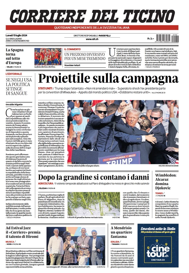 anteprima della prima pagina di corriere-del-ticino del 15/07/2024