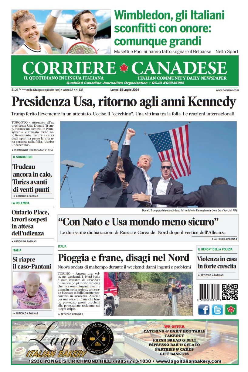 anteprima della prima pagina di corriere-canadese del 15/07/2024