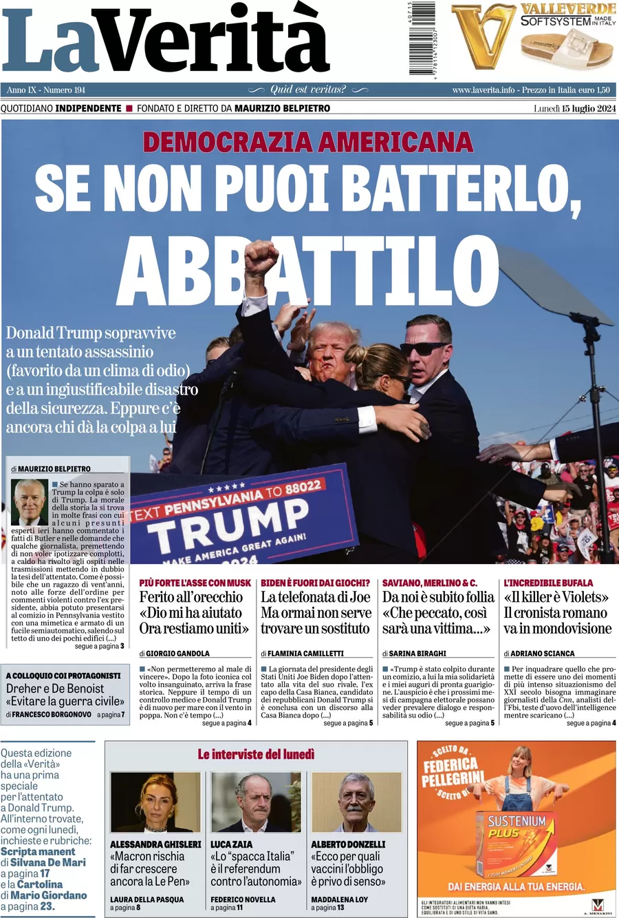 anteprima della prima pagina di la-verit del 15/07/2024