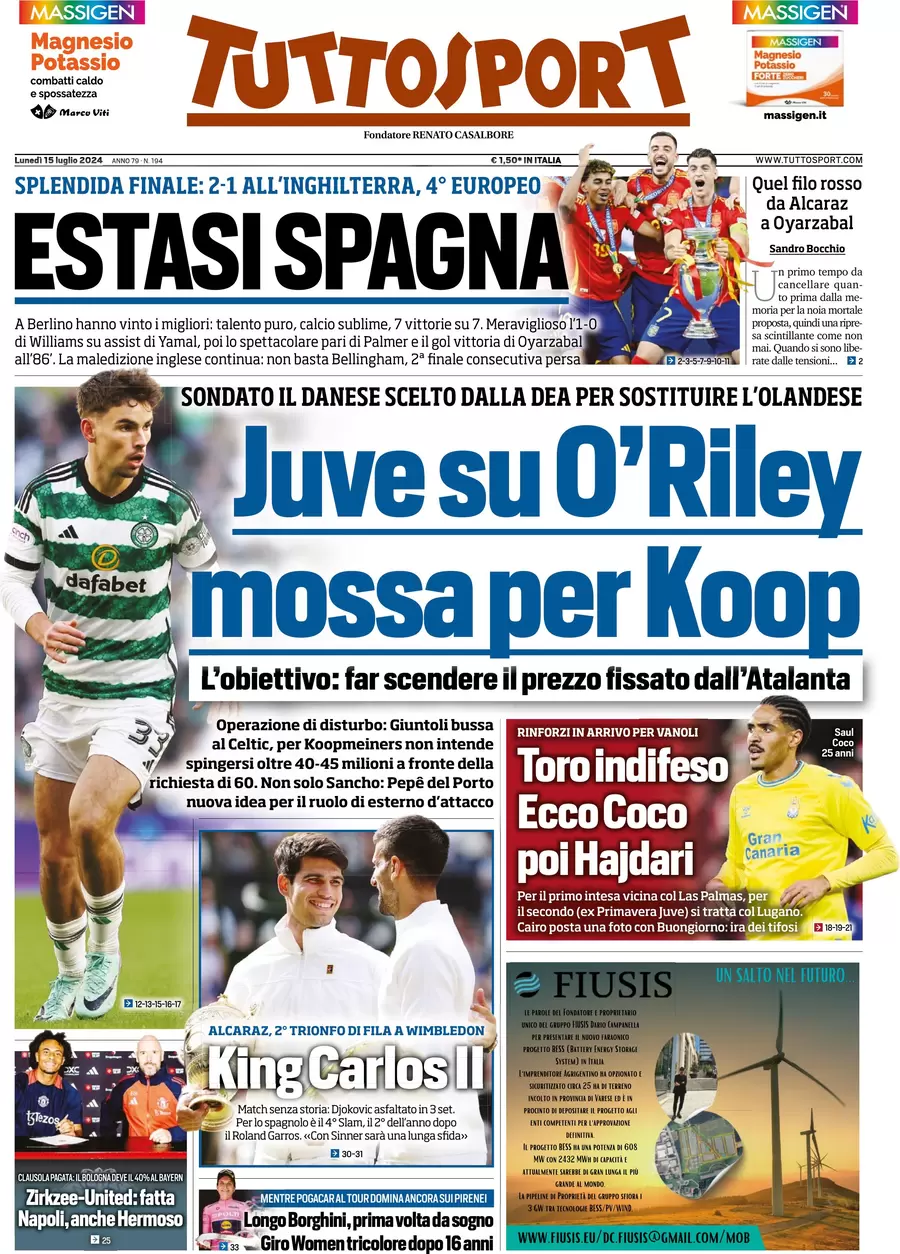 anteprima della prima pagina di tuttosport del 15/07/2024