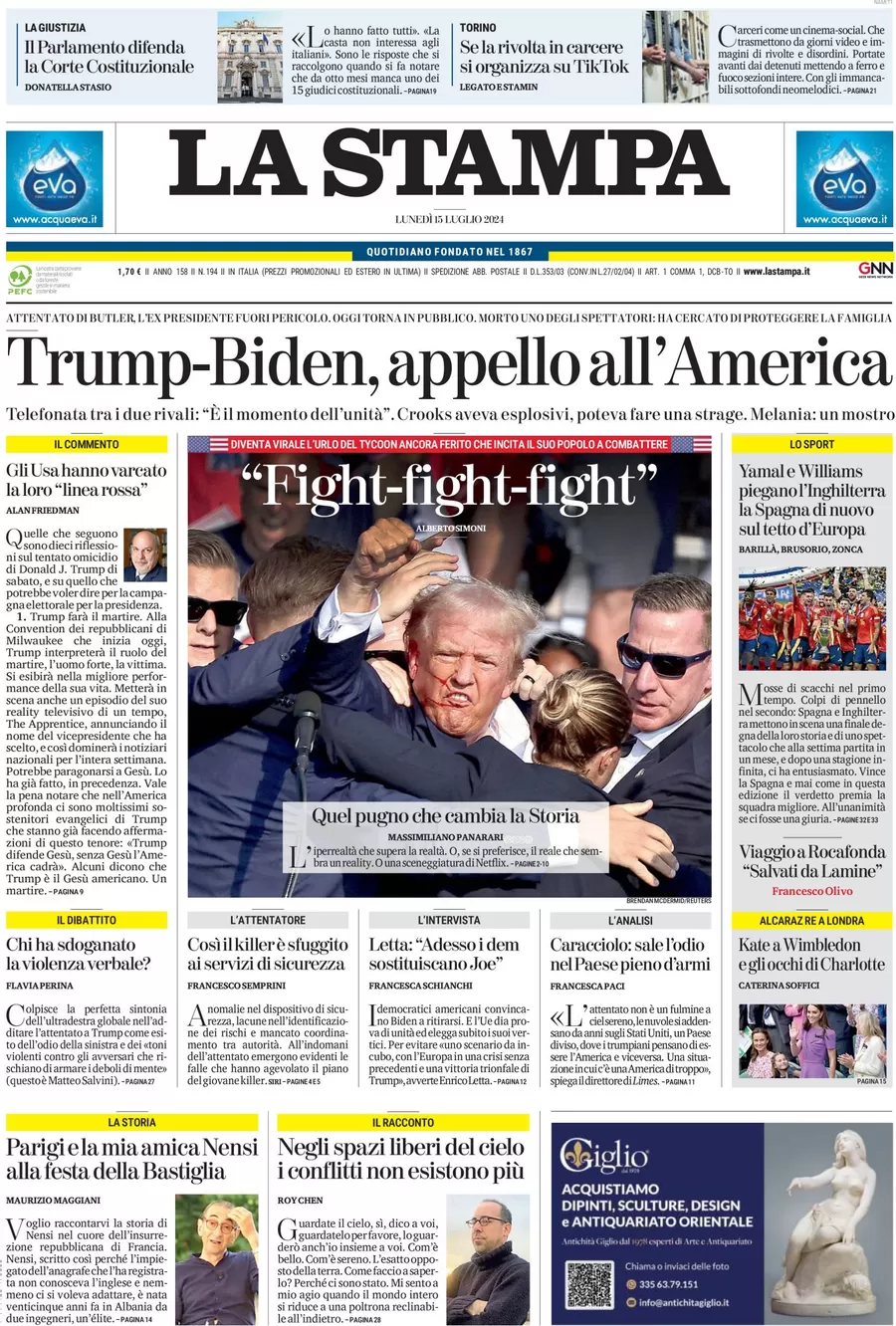anteprima della prima pagina di la-stampa del 15/07/2024