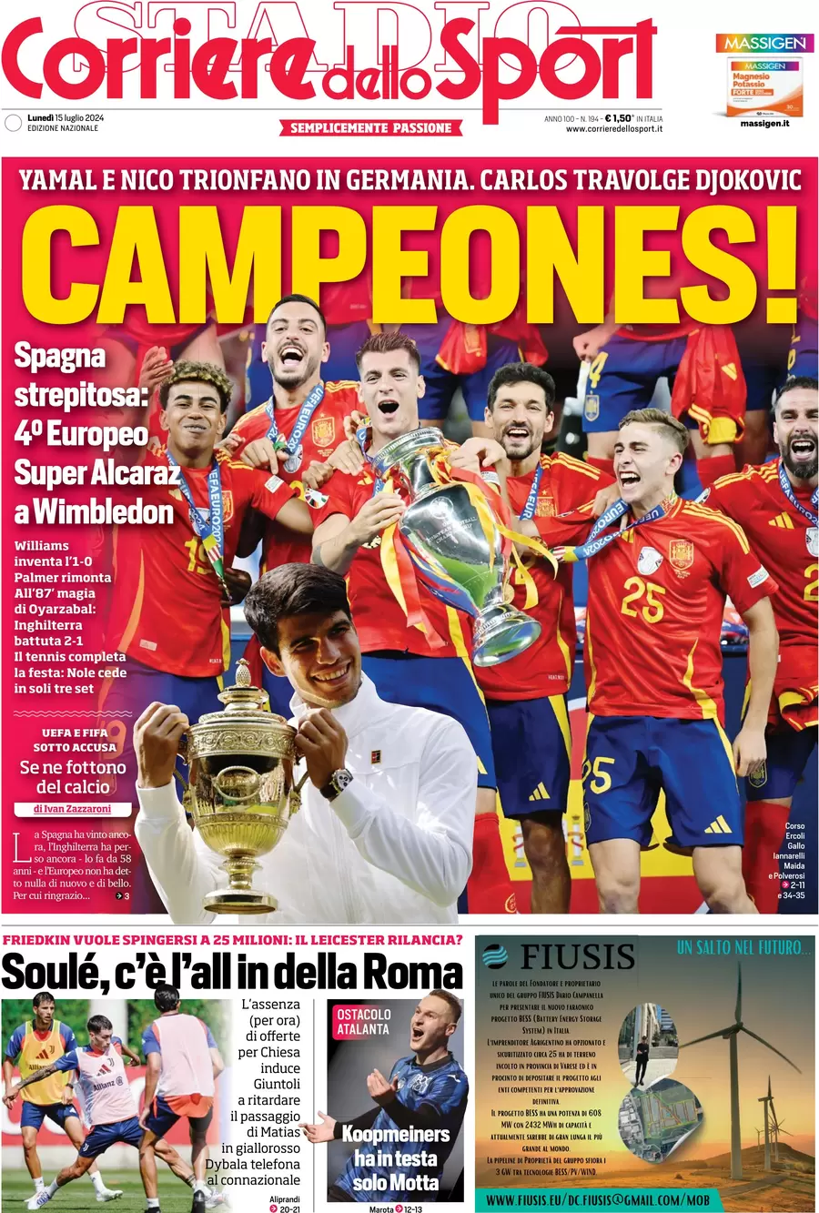 anteprima della prima pagina di corriere-dello-sport del 15/07/2024