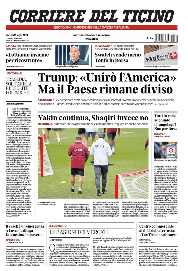 anteprima della prima pagina di corriere-del-ticino del 16/07/2024