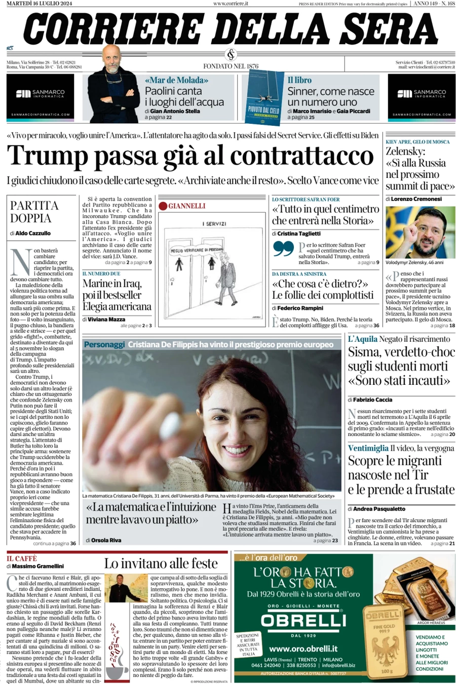 anteprima della prima pagina di corriere-della-sera del 16/07/2024