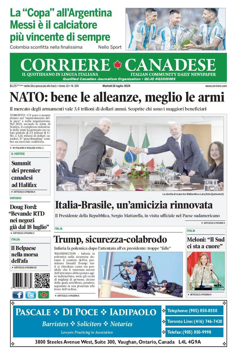 anteprima della prima pagina di corriere-canadese del 16/07/2024