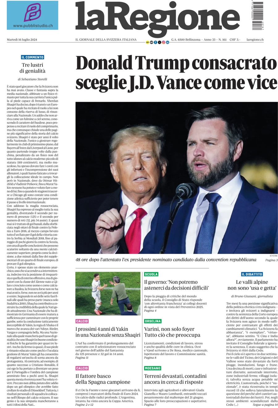 anteprima della prima pagina di la-regione del 16/07/2024