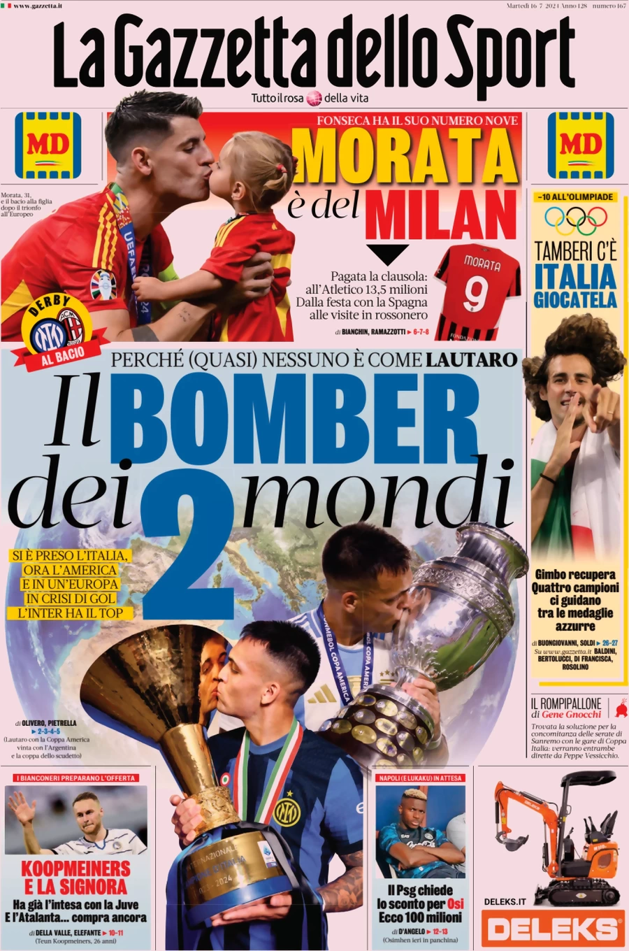 anteprima della prima pagina di la-gazzetta-dello-sport del 16/07/2024
