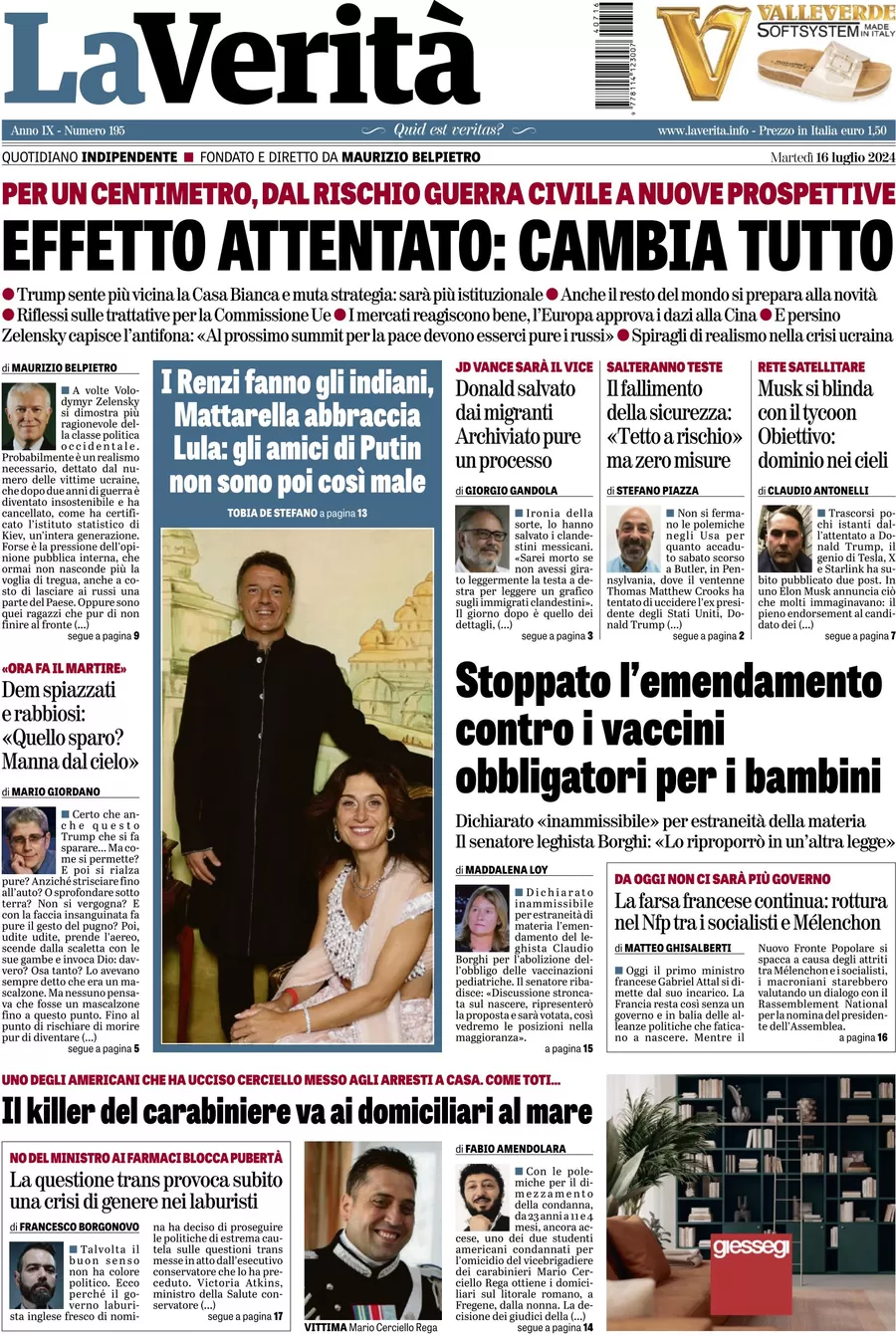 anteprima della prima pagina di la-verit del 16/07/2024