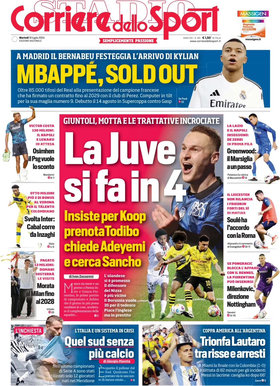 anteprima della prima pagina di corriere-dello-sport del 16/07/2024