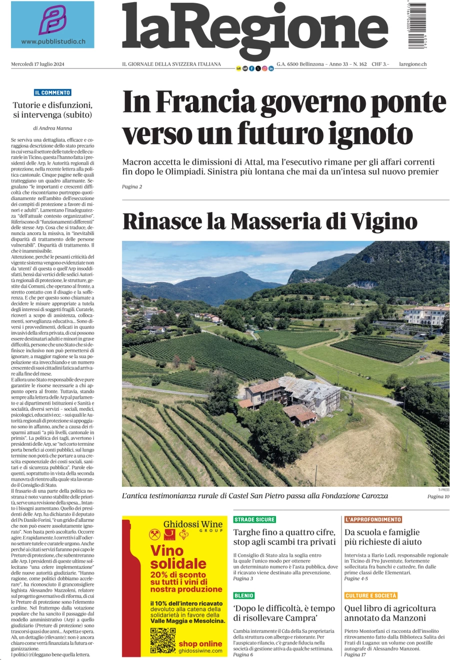 anteprima della prima pagina di la-regione del 17/07/2024