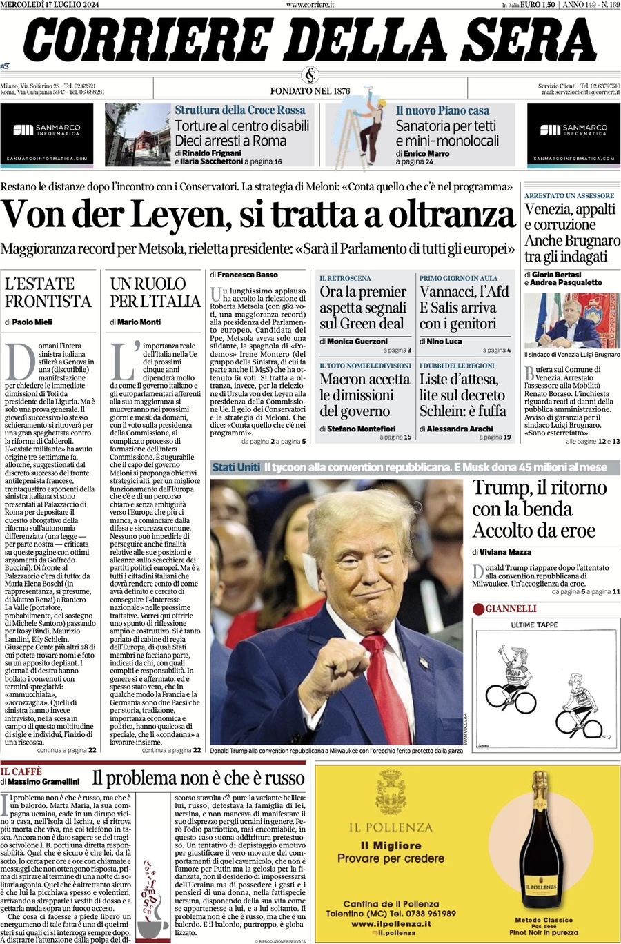 anteprima della prima pagina di corriere-della-sera del 17/07/2024