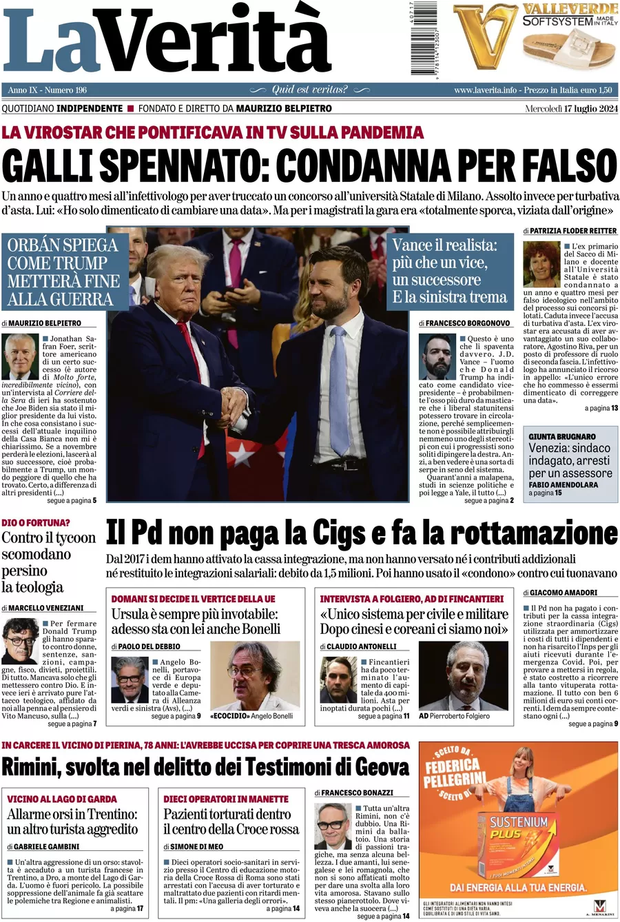 anteprima della prima pagina di la-verit del 17/07/2024