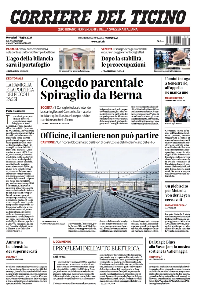 anteprima della prima pagina di corriere-del-ticino del 17/07/2024