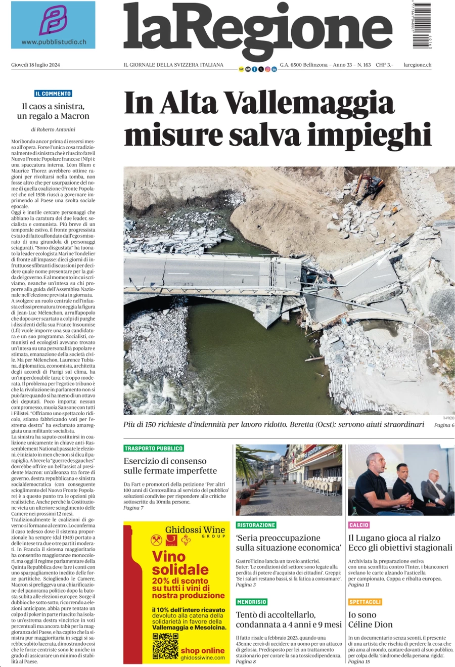 anteprima della prima pagina di la-regione del 18/07/2024