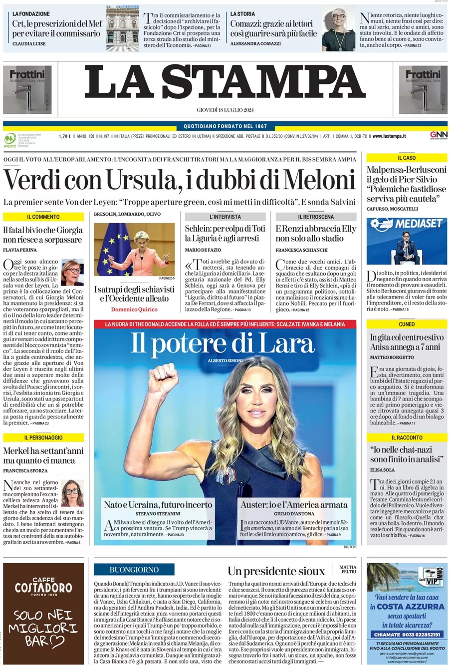 anteprima della prima pagina di la-stampa del 18/07/2024
