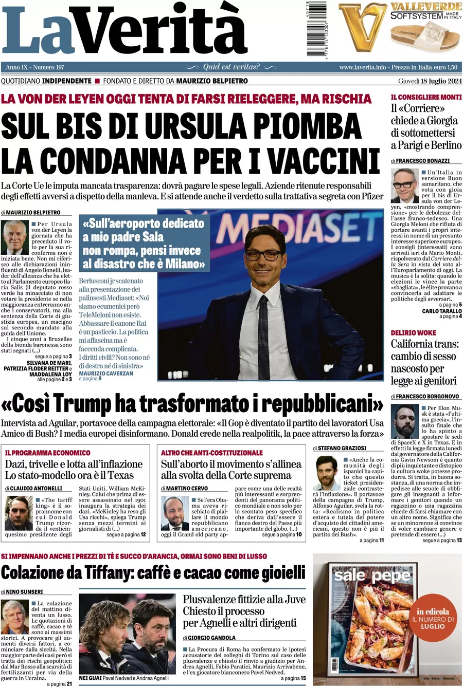 anteprima della prima pagina di la-verit del 18/07/2024