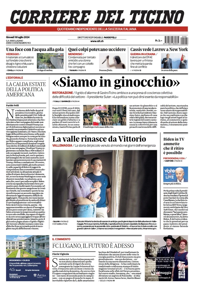 anteprima della prima pagina di corriere-del-ticino del 18/07/2024