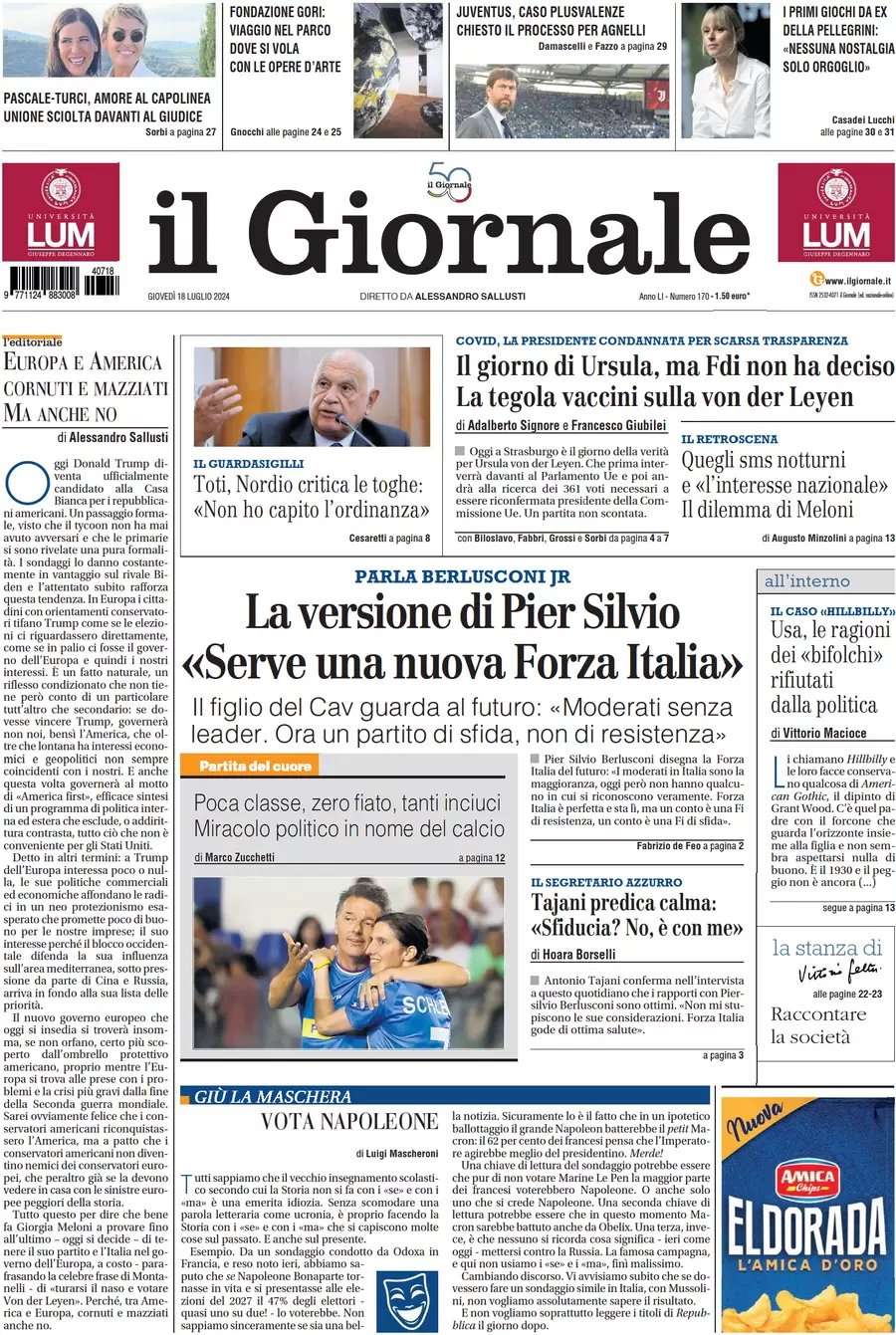 anteprima della prima pagina di il-giornale del 18/07/2024