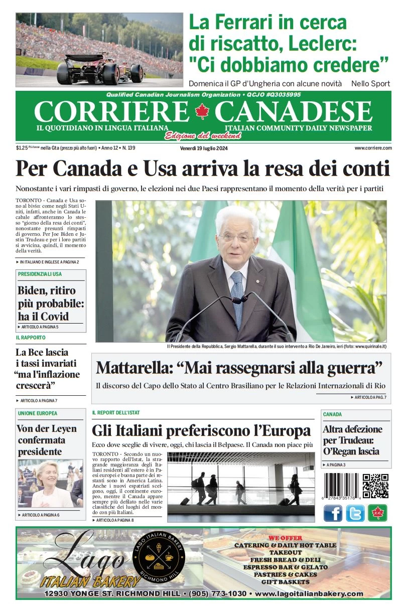 anteprima della prima pagina di corriere-canadese del 19/07/2024