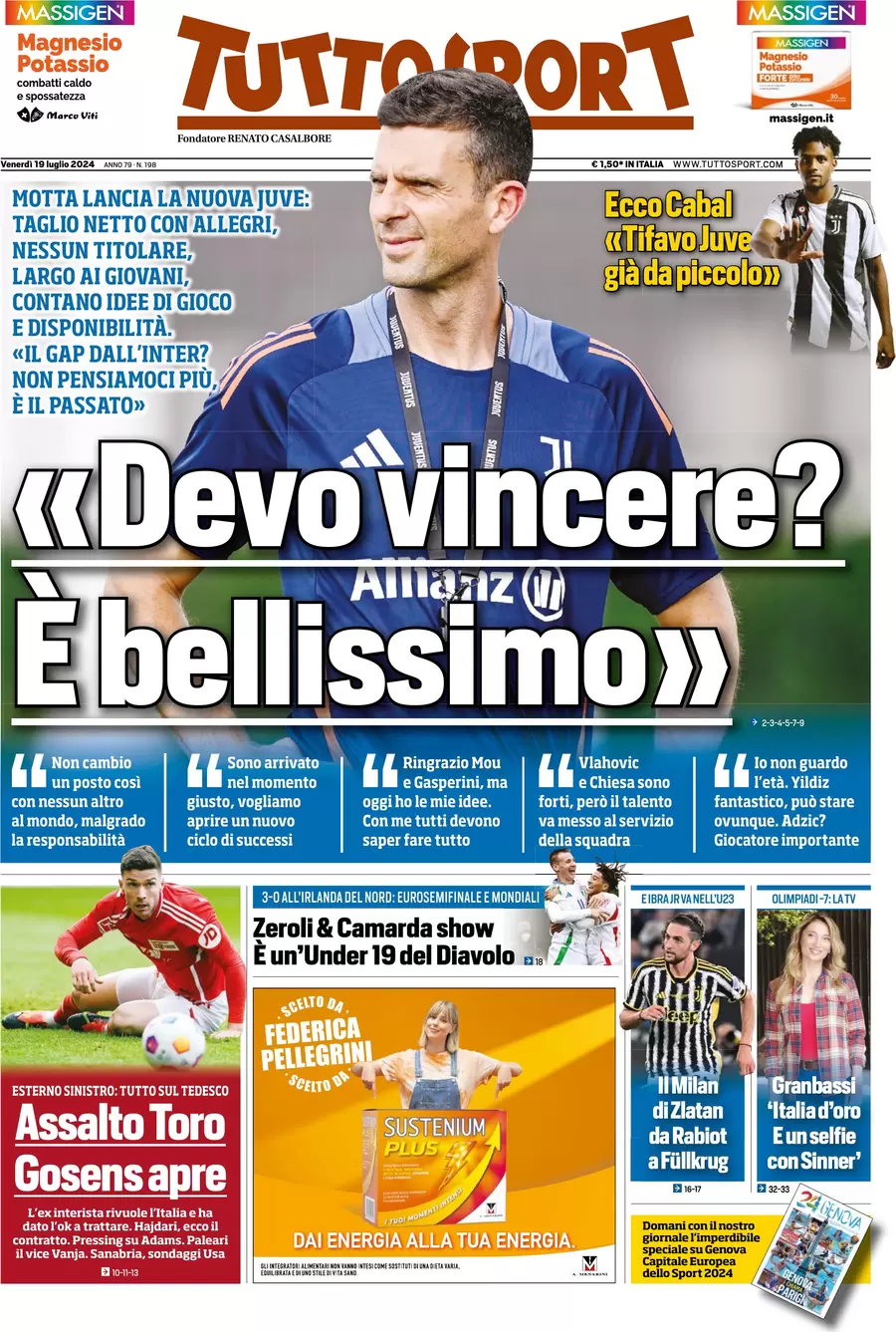 anteprima della prima pagina di tuttosport del 19/07/2024