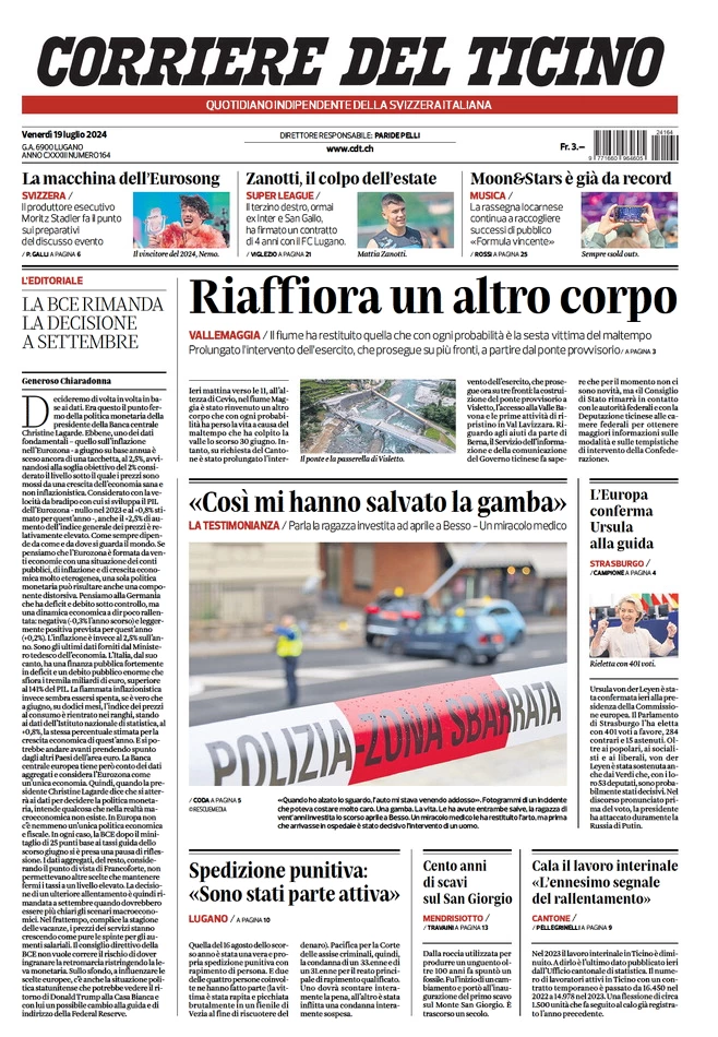 anteprima della prima pagina di corriere-del-ticino del 19/07/2024