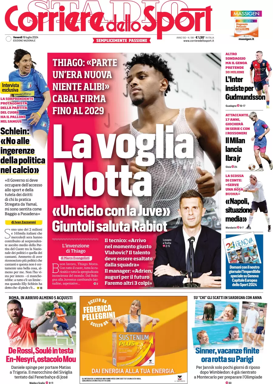 anteprima della prima pagina di corriere-dello-sport del 19/07/2024