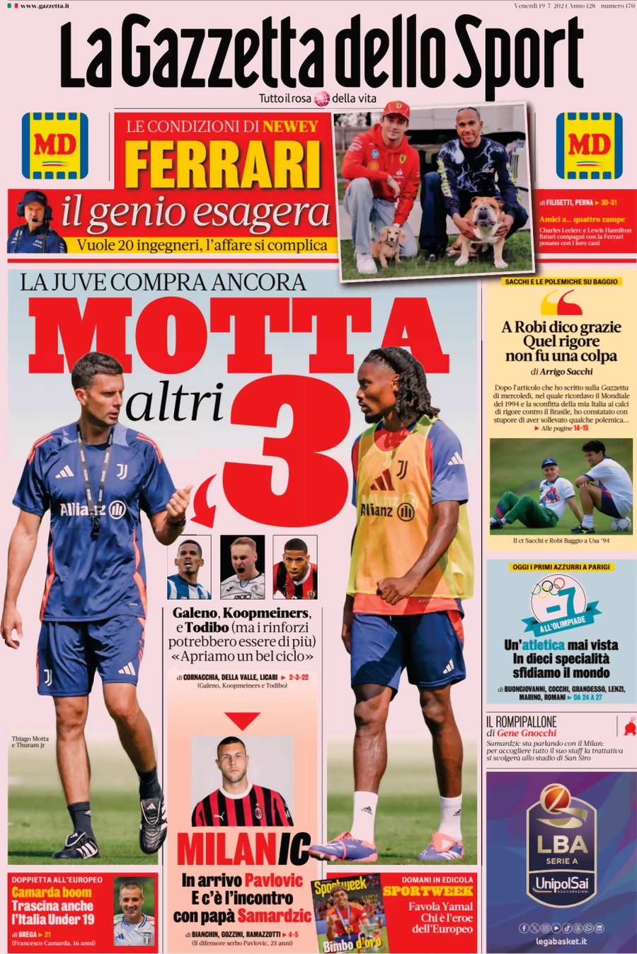 anteprima della prima pagina di la-gazzetta-dello-sport del 19/07/2024
