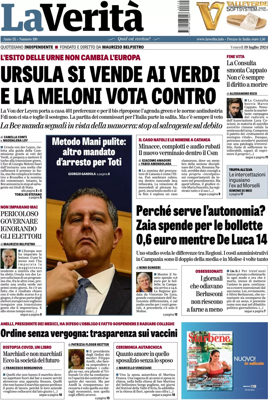 anteprima della prima pagina di la-verit del 19/07/2024