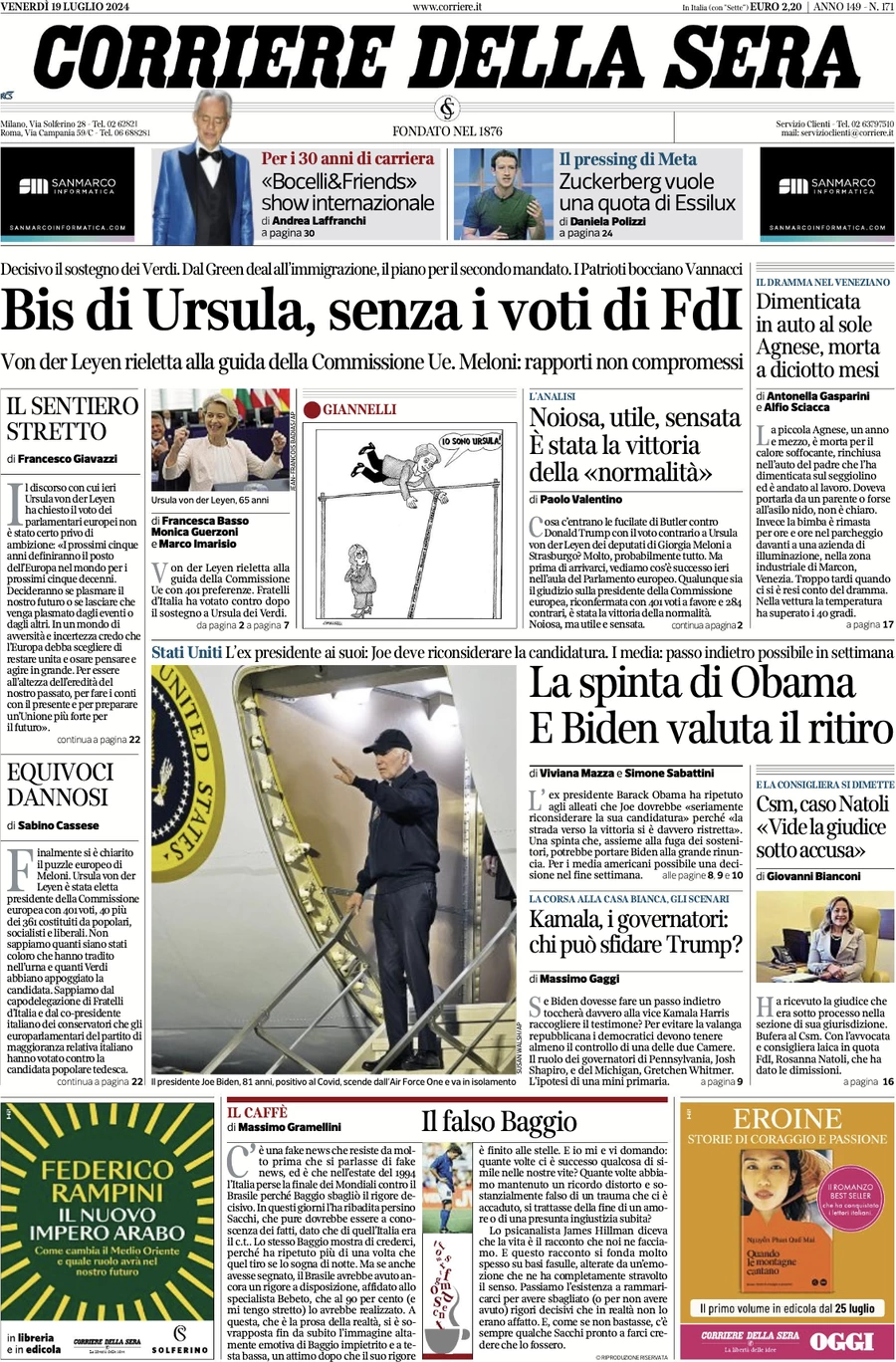 anteprima della prima pagina di corriere-della-sera del 19/07/2024