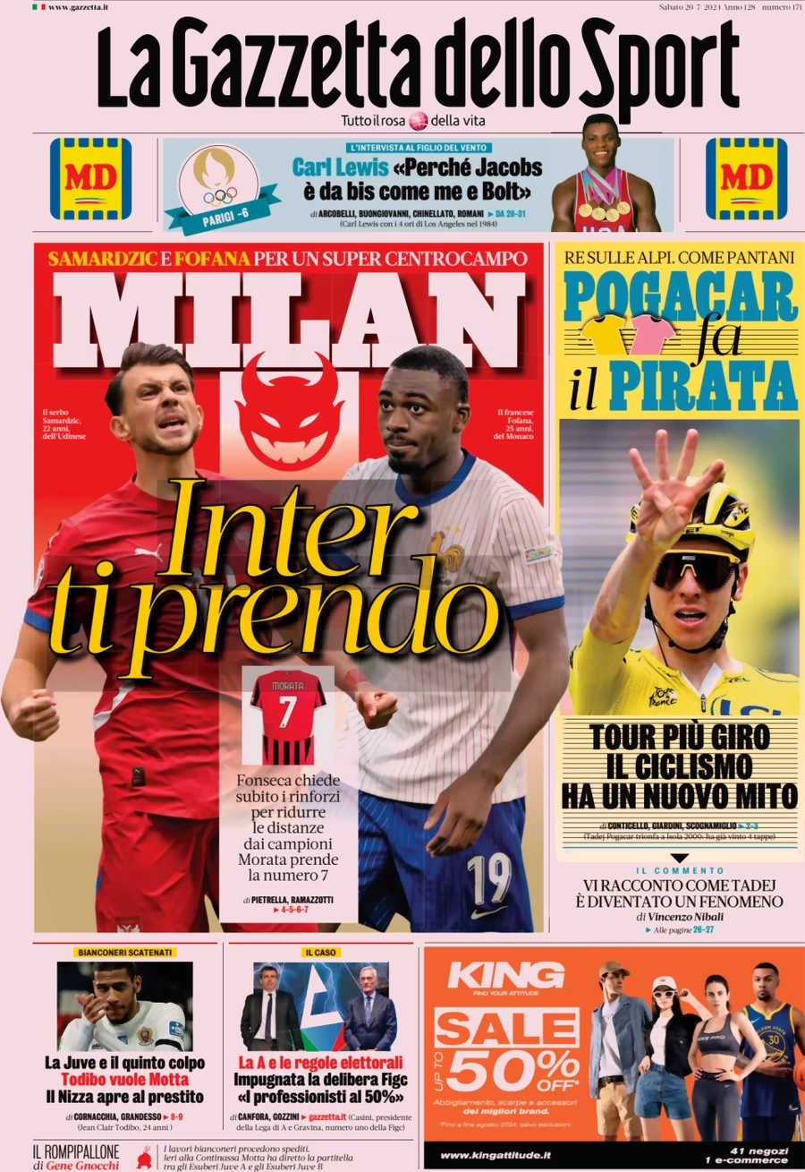anteprima della prima pagina di la-gazzetta-dello-sport del 20/07/2024