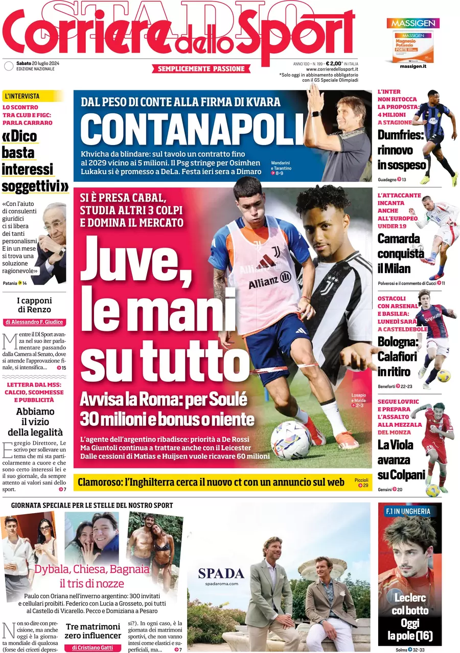 anteprima della prima pagina di corriere-dello-sport del 20/07/2024