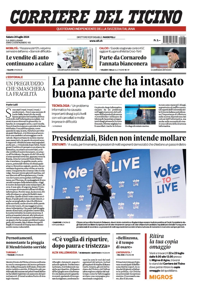 anteprima della prima pagina di corriere-del-ticino del 20/07/2024