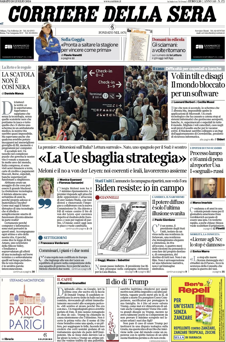 anteprima della prima pagina di corriere-della-sera del 20/07/2024
