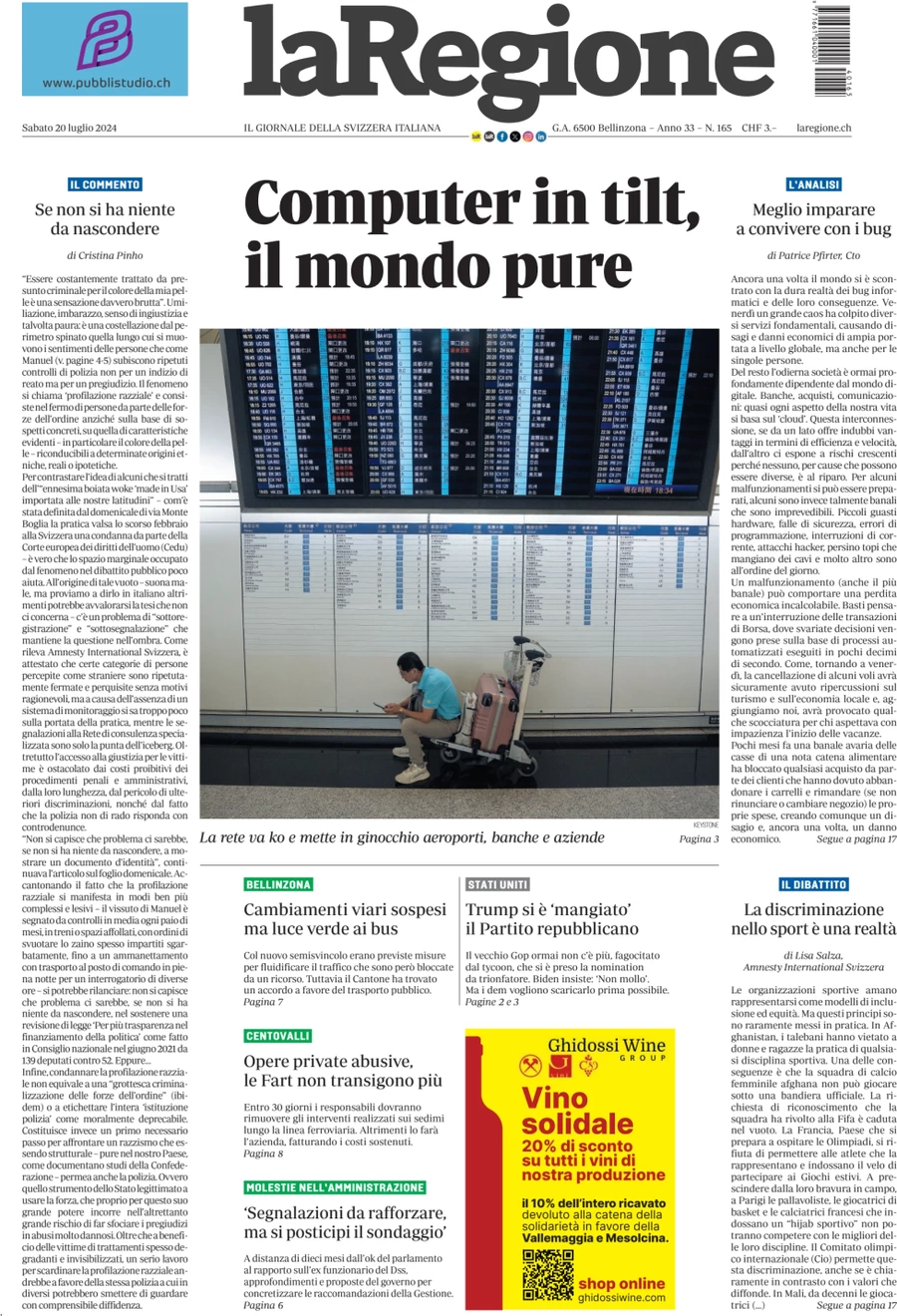 anteprima della prima pagina di la-regione del 20/07/2024