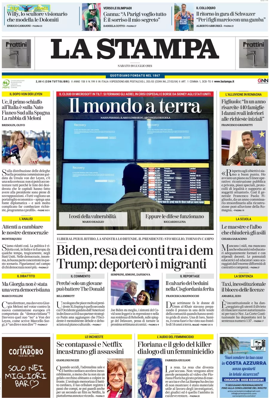 anteprima della prima pagina di la-stampa del 20/07/2024