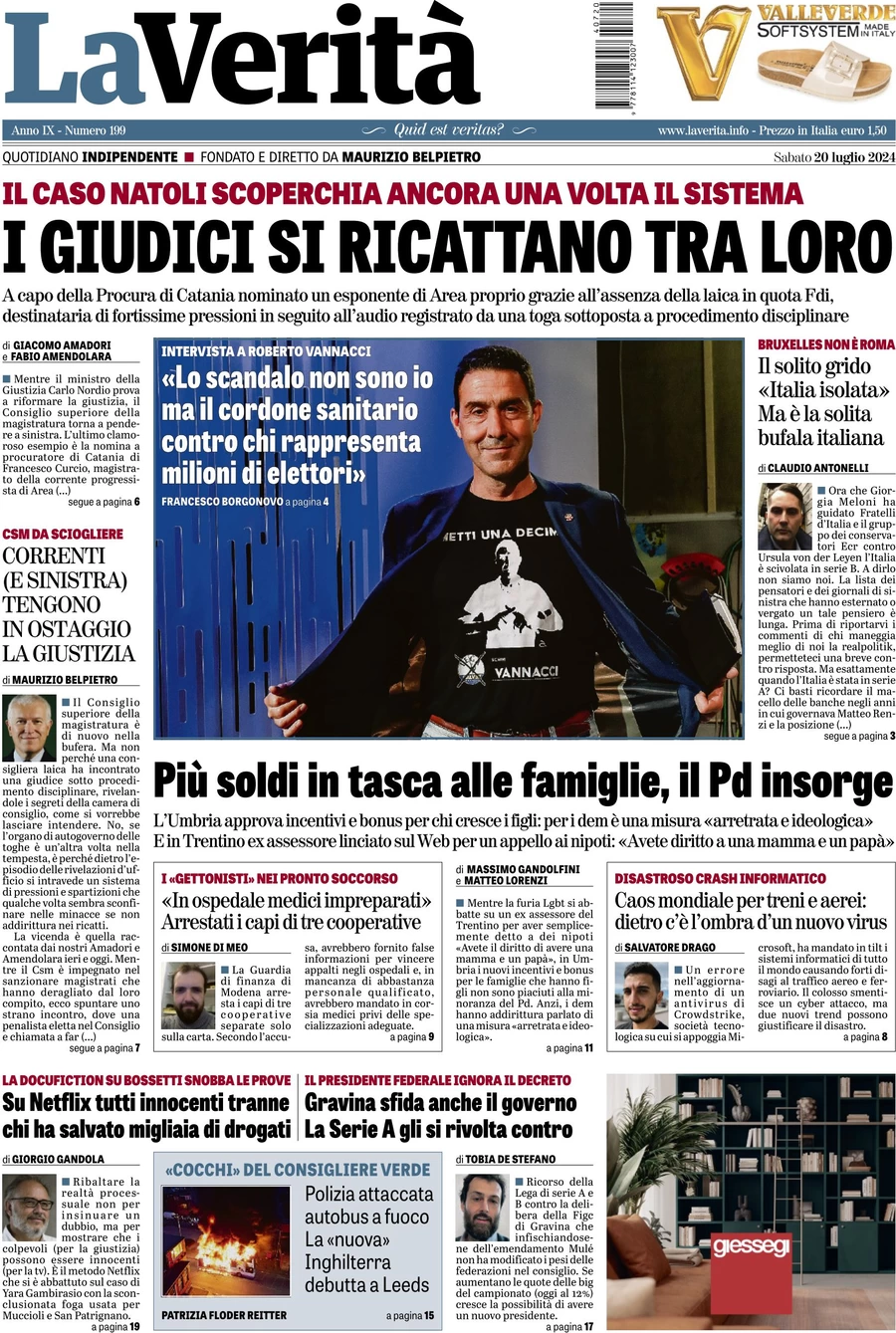 anteprima della prima pagina di la-verit del 20/07/2024