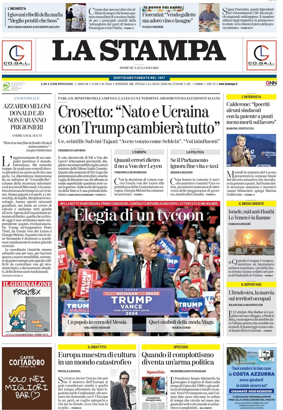 anteprima della prima pagina di la-stampa del 21/07/2024