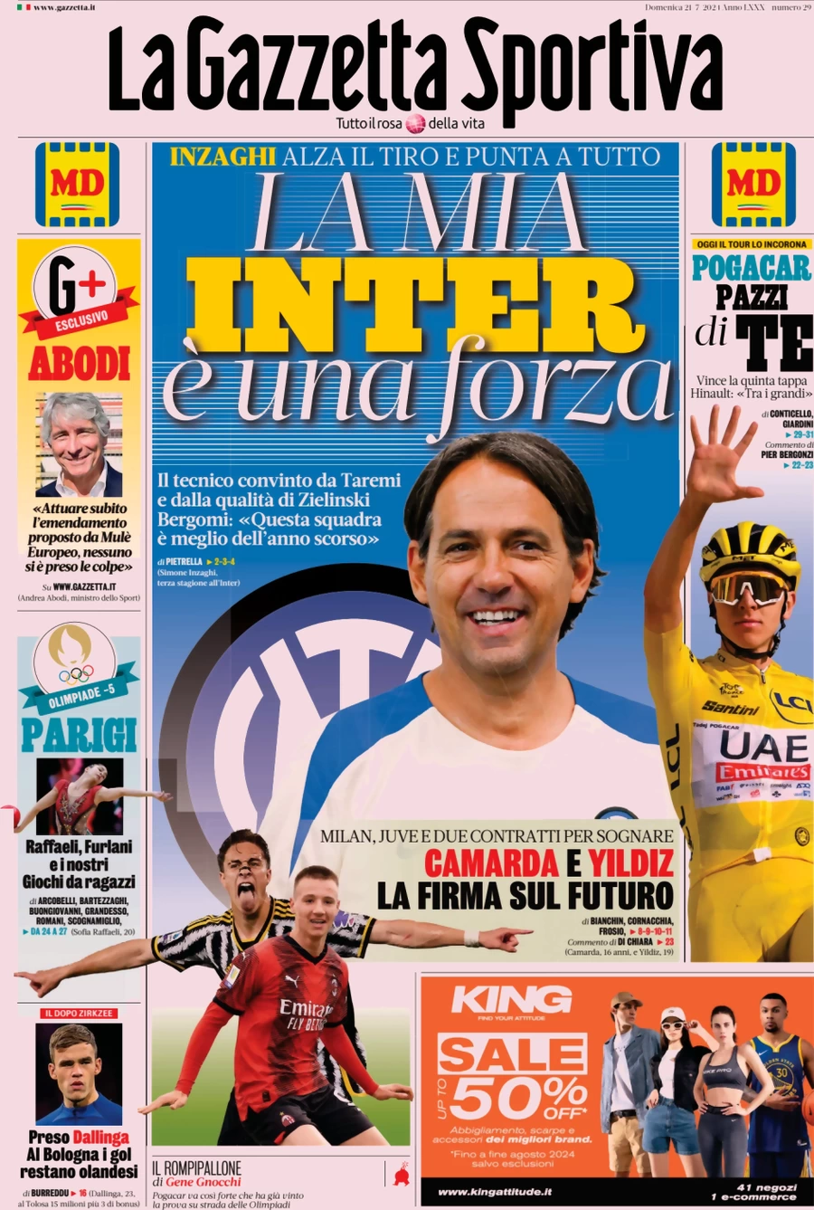 anteprima della prima pagina di la-gazzetta-dello-sport del 21/07/2024
