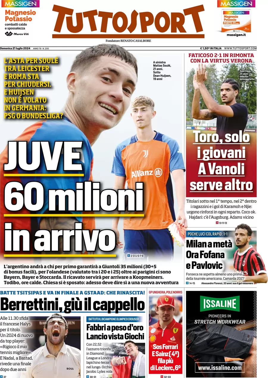 anteprima della prima pagina di tuttosport del 21/07/2024