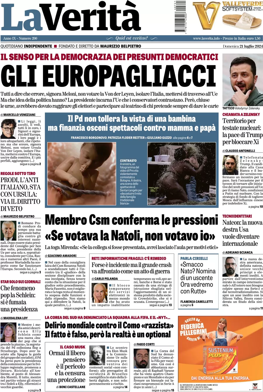 anteprima della prima pagina di la-verit del 21/07/2024