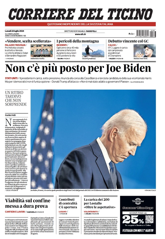 anteprima della prima pagina di corriere-del-ticino del 22/07/2024