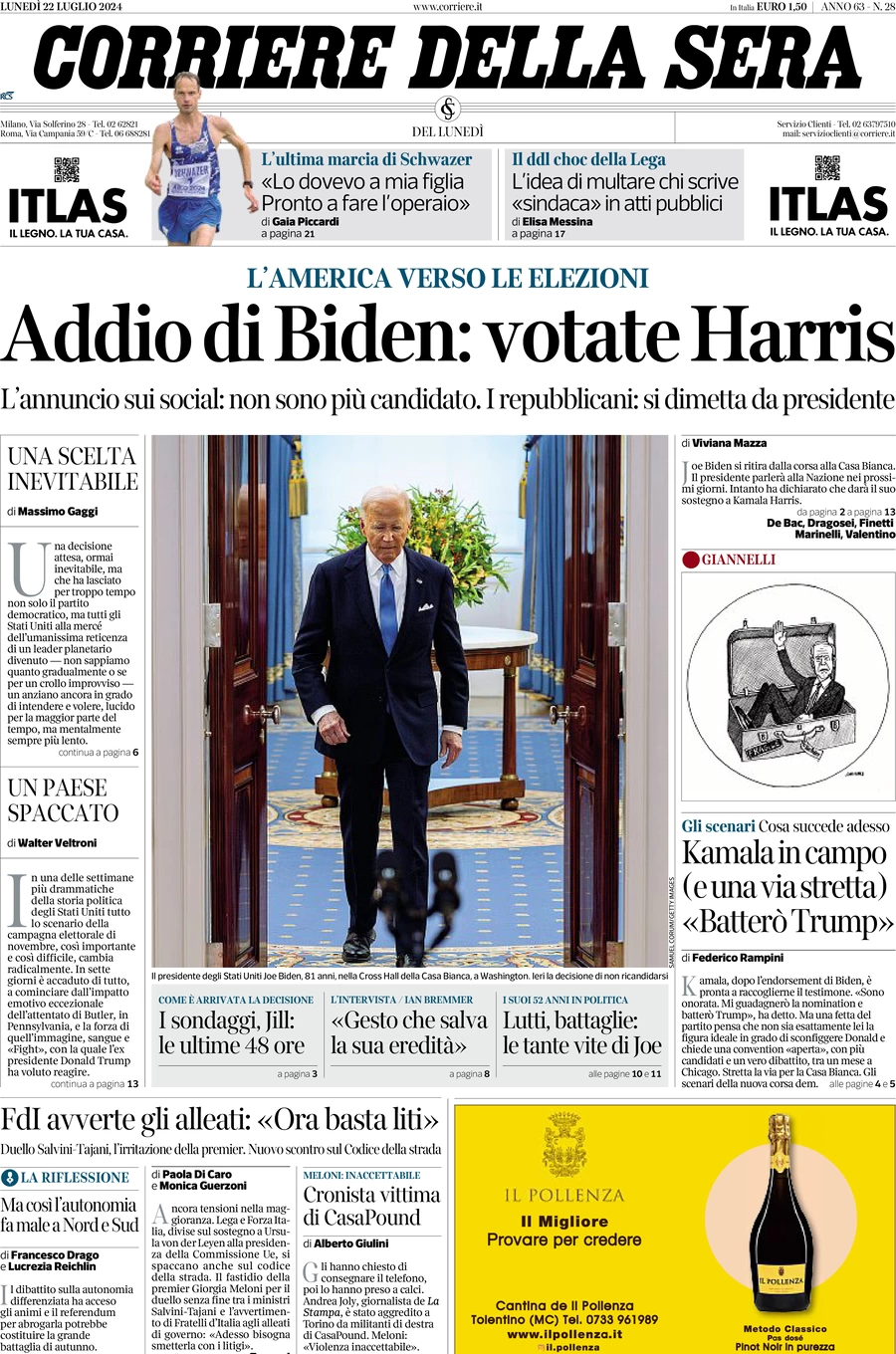 anteprima della prima pagina di corriere-della-sera del 22/07/2024