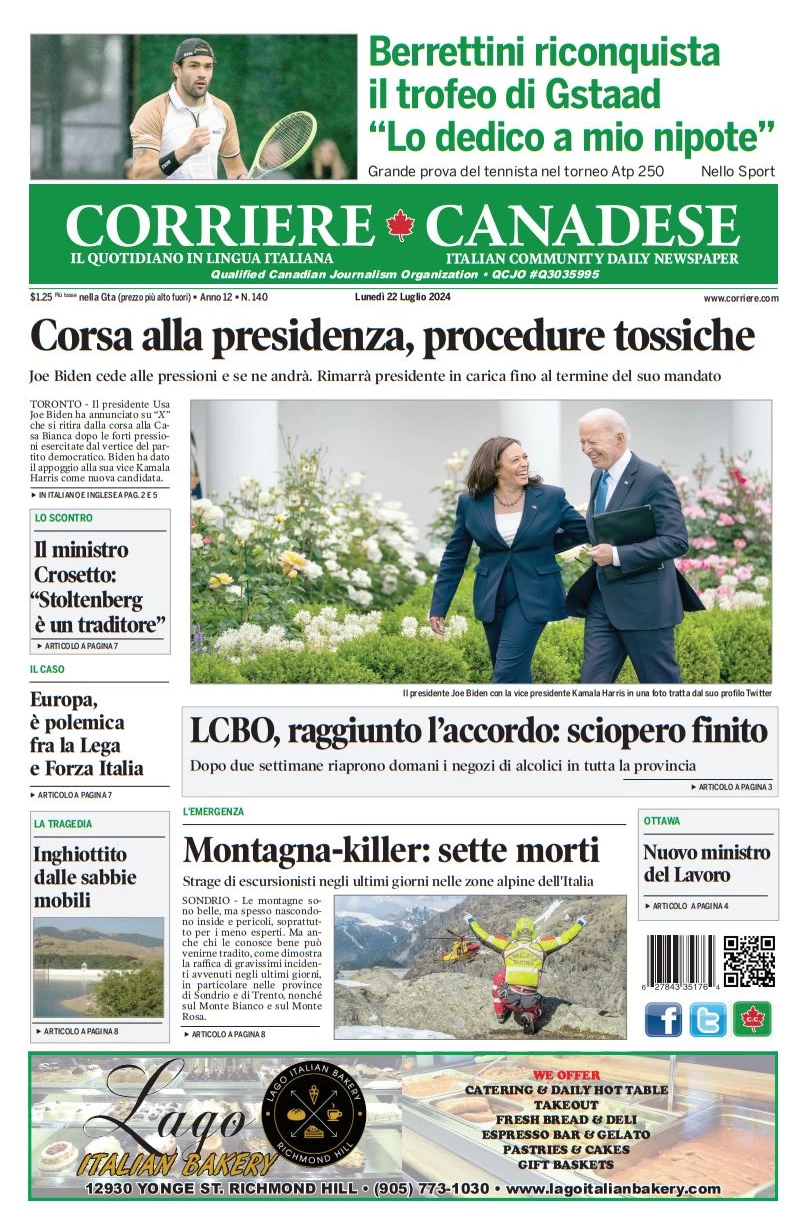 anteprima della prima pagina di corriere-canadese del 22/07/2024