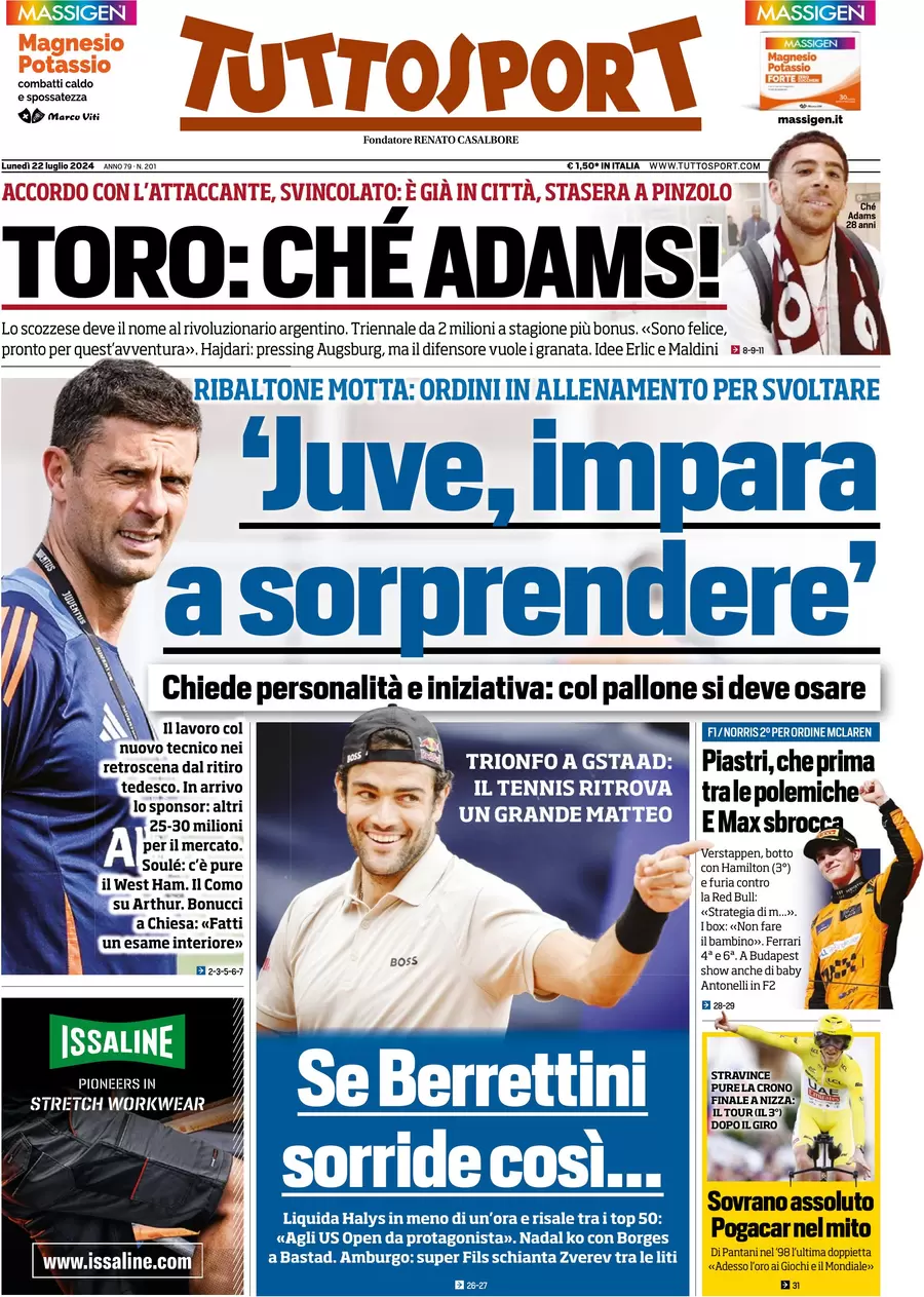 anteprima della prima pagina di tuttosport del 22/07/2024