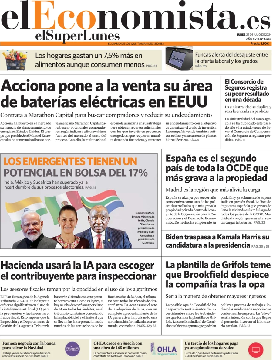 anteprima della prima pagina di el-economista del 22/07/2024