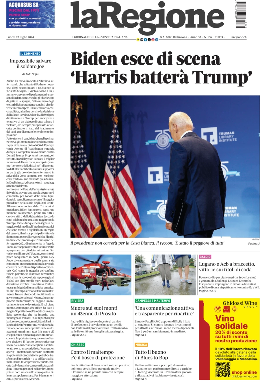 anteprima della prima pagina di la-regione del 22/07/2024