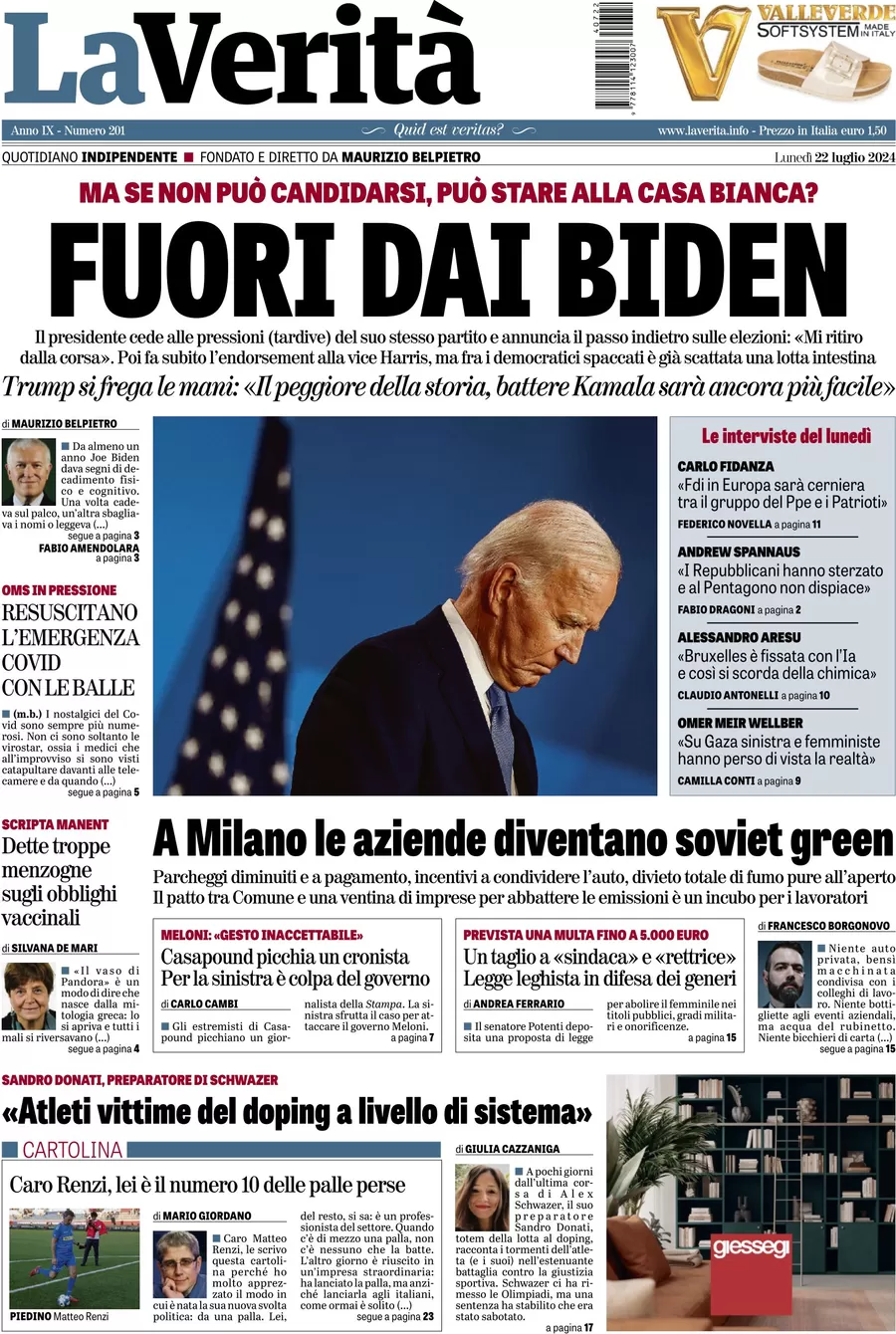 anteprima della prima pagina di la-verit del 22/07/2024