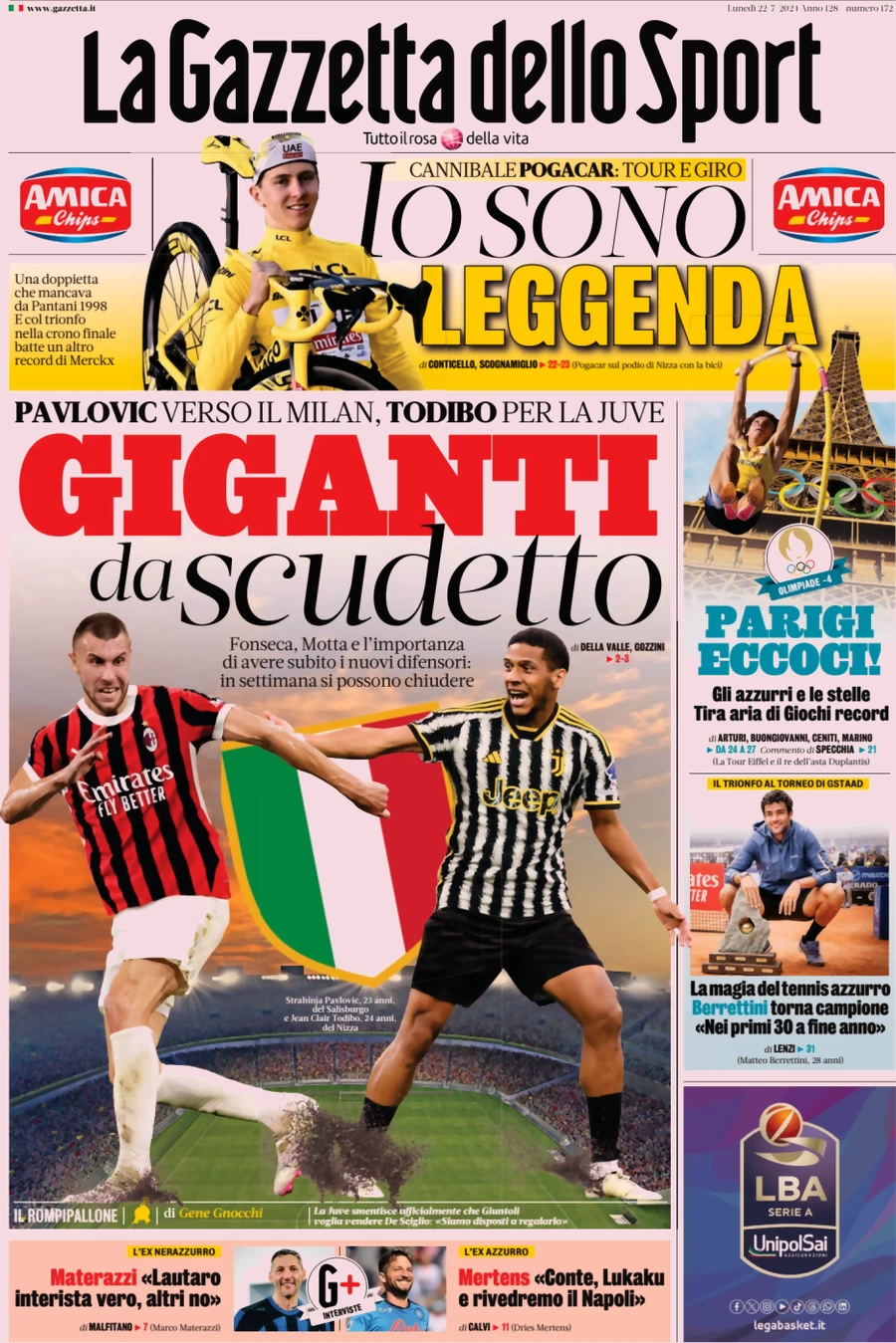 anteprima della prima pagina di la-gazzetta-dello-sport del 22/07/2024
