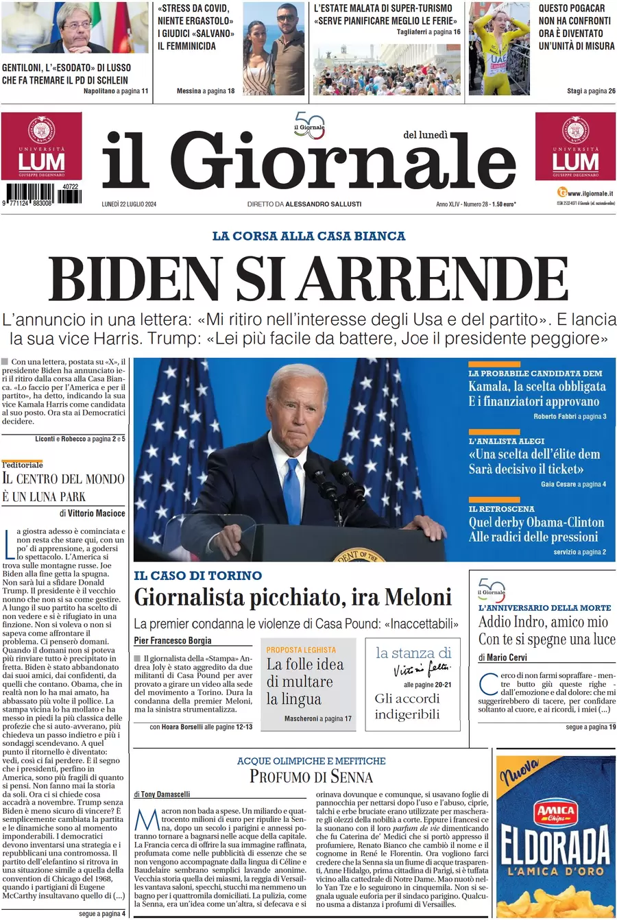 anteprima della prima pagina di il-giornale del 22/07/2024