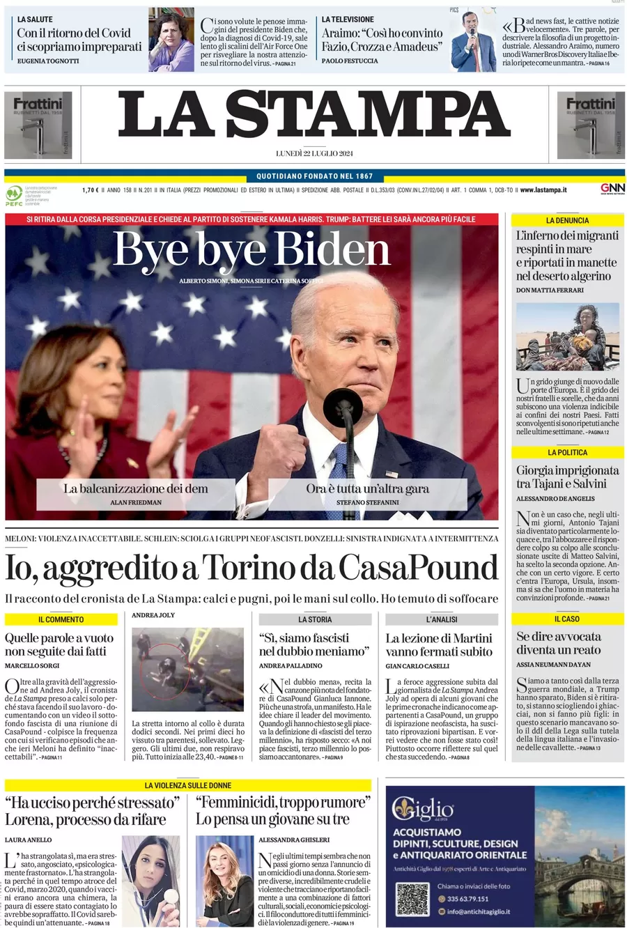 anteprima della prima pagina di la-stampa del 22/07/2024